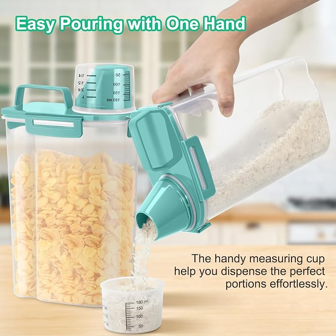 TBMax Rice Container Cereal Storage Container 2 Pack 5 Lbs, Kitchen Pantry Dry Food Storage Holder with Easy-Pouring Spout & Handy Cup, Small Pet Dog Cat Food Dispenser for Daily Feeding -Cyan