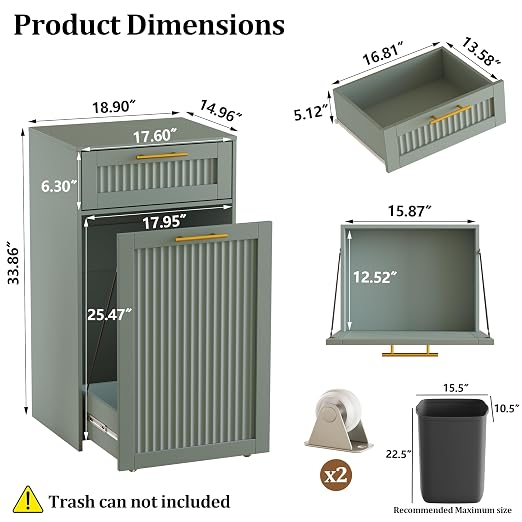 13 Gallons Pull Out Trash Can Cabinet, Hidden Trash Can, Green | Fluted Kitchen Trash Cabinet with Drawer, Freestanding Garbage Pet Proof Trash Can Holder for Laundry, Living Room