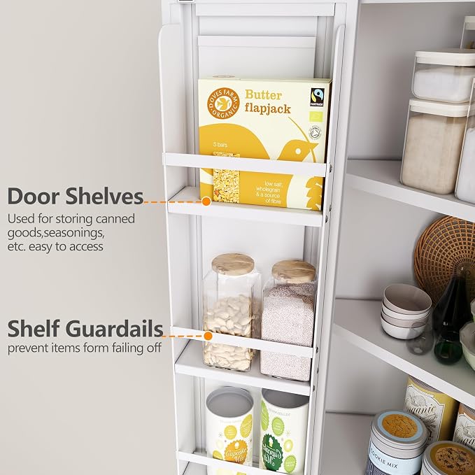 GAIOUS 74.8" Tall Metal Food Cabinet, White Kitchen Pantry Cabinet Cupboard | Food Storage, Kitchen Organizer, Storage Cabinet with 4 Door and 4 Adjustable Shelves, Steel Freestanding, for Dining Living