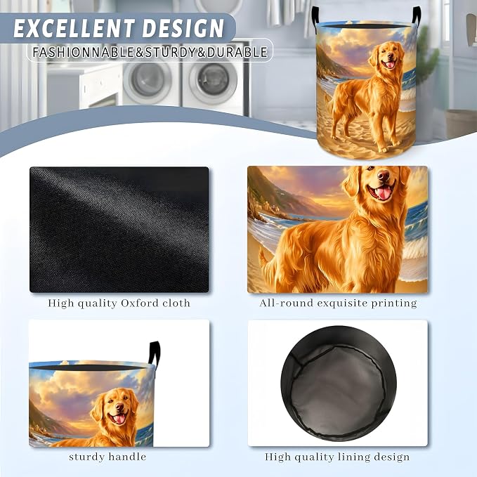 Golden Retriever Laundry Basket, Pet Dog Beach Ocean Storage Hamper, Round Collapsible Waterproof Cloth Bin, 19.7x15.7 Inch Realistic Puppy Clothes Organizer Gifts for Bathroom Decor
