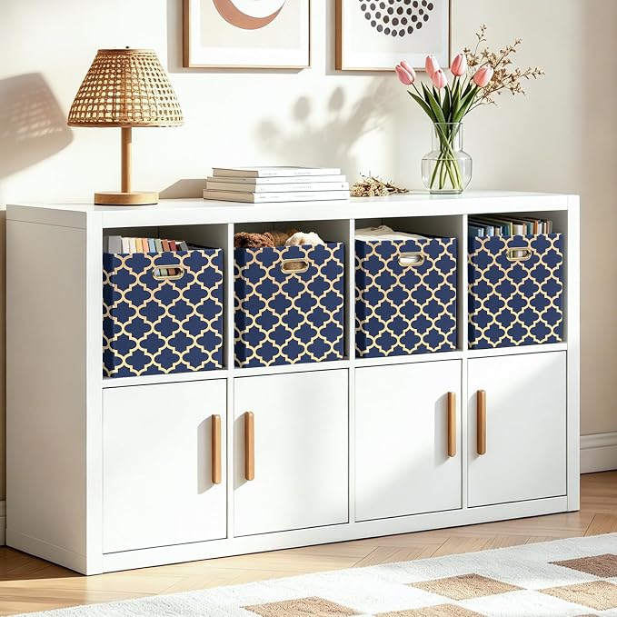 11x11x11 Storage Cube Bins, Collapsible Storage Bins Fabric Storage Cubes | Organizer Baskets Box Drawers for Shelves, Closet, Wardrobe, Bookshelf, Cabinet Blue/Gold Lantern, 4 Pack