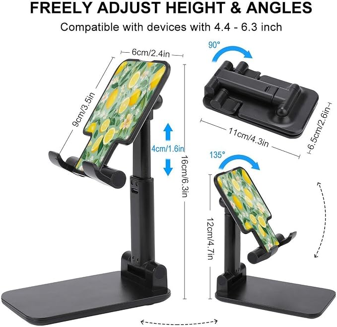 Portable Lemon Tree Leaves Tropical Flowers Floral Phone Stand for Desk | Adjustable, Cell Phone Holder, with Flexible Height And, Angle Adjustment, Travel Accessories