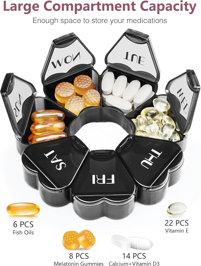 MOLN HYMY Large Pill Organizer 7 Day, Pretty Weekly Pill Box Case, Girly Medicine Dispenser Container for Vitamin, Gummy, Medication, Supplement (Black)