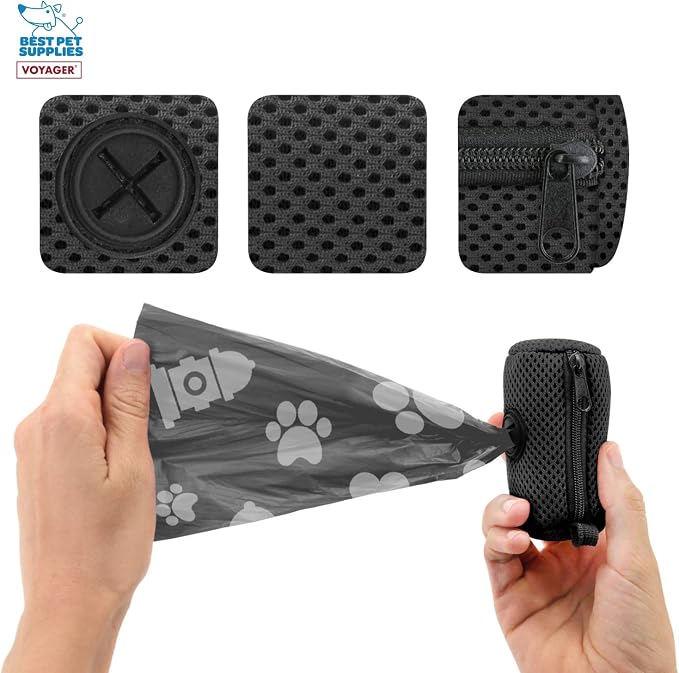 Best Pet Supplies Dog Poop Bag Holder Leash Attachment with Reusable Dispenser for Travel, Walking, Park, and Outdoor Use, Durable with Clip-On - Black, Pack of 2, Mesh Dispenser w/30 Bags