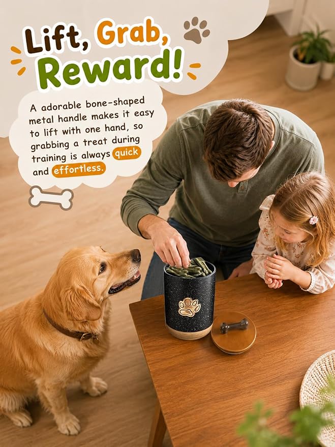 Miamolo Dog Treat Container Airtight Seal, Training Dog Treat Jar with Lid | 8 Cups, Cast-iron Handle | Ceramic Dog Food Storage Container, Rustic Pet Cookie Jar, Gift for Dog Lovers | Paw Dotted Black