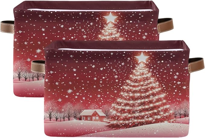 Christmas Tree Red Storage Basket with Waterproof Liner and PU Handles Xmas Winter Snow Scene Storage Bins Boxes 14.2" Collapsible Decorative Organizer Baskets for Bedroom Closet Office 2 Pack