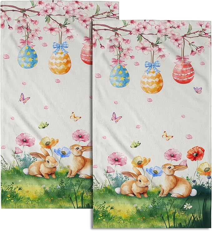 Giwawa Easter Decorative Hand Towels- Cute Bunny Rabbits Eggs Tree Towel Set of 2- Spring Watercolor Floral Face Towel Absorbent Dish Wash Cloth for Hotel Bathroom Gym Guest Home Holiday