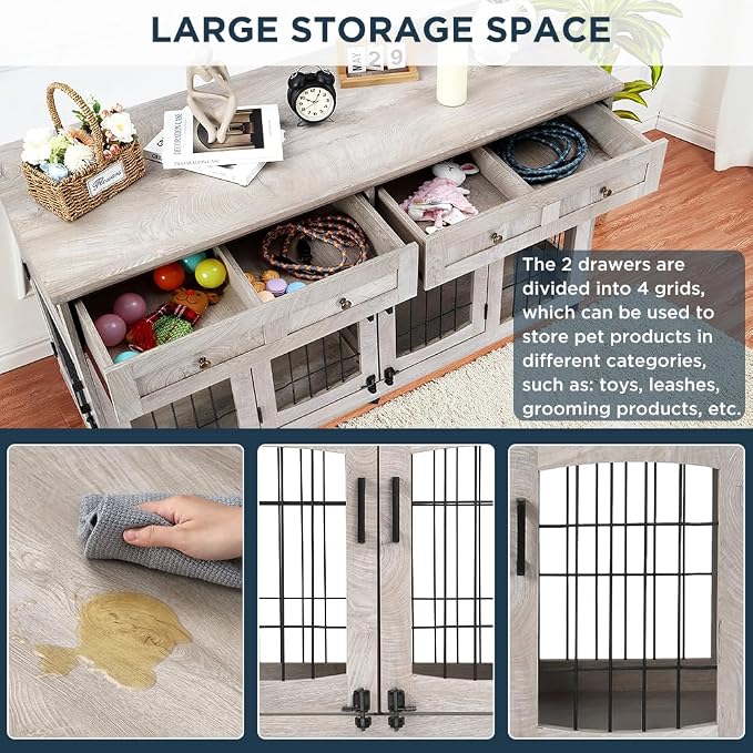 GarveeHome Large Dog Crate Furniture with 2 Drawers and Removable Divider | Two storage drawers, removable center divider, indoor housing for two medium large dogs
