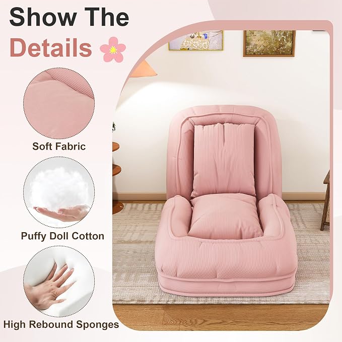 Human Dog Bed for Adults and Pets, Upholstered Foldable Lazy Sofa Bed with 5 Adjustable Positions, Corduroy Floor Sofa Bed with 2 Pillows, Convertible Recliner for Living Room, Reading Corner (Pink)