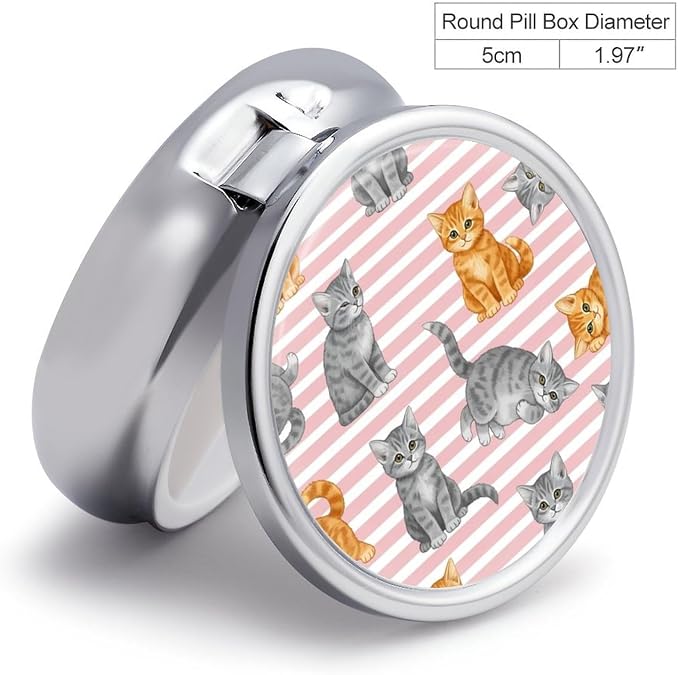 Pocket Pill Dispenser, Pink Stripes Cute Cat Round Metal Case, Travel Organizer for Medicine, Waterproof Pill Box Purse Use for Road Trips
