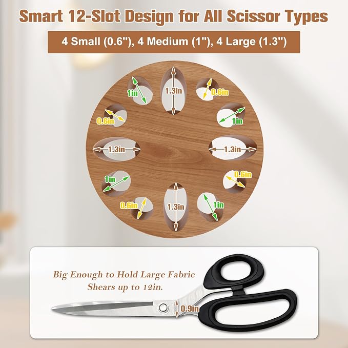 Rotating Scissor/Shear Holder, 12 Mixed-Size Slots for Sewing | No Assembly Required, Custom Fit for All Shears, 360° Swivel Base, Wooden Craft for Sewing, Kitchen & Pets
