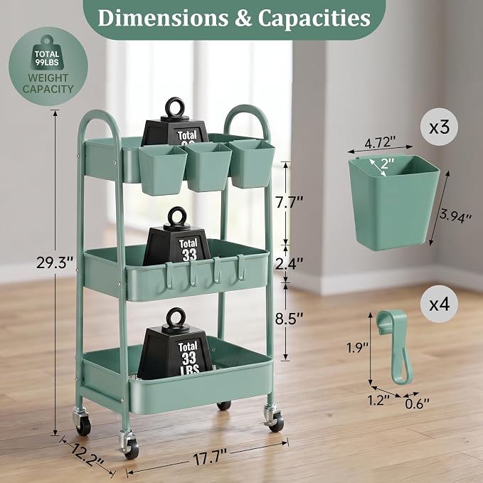 danpinera 3-Tier Rolling Cart, Utility Cart Mobile Metal Rolling Storage Cart with Lockable Wheels & Hanging Cups & Hooks for Kitchen, Bathroom, Office, Workshop, Green