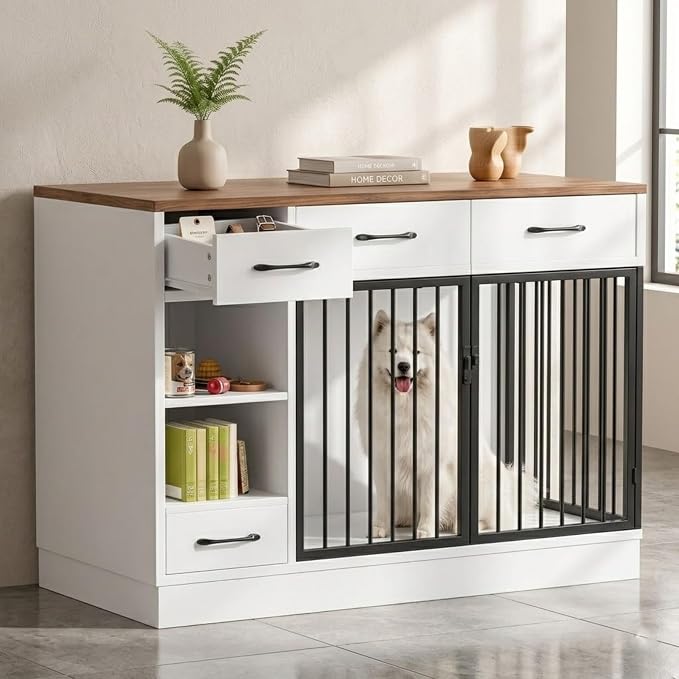 47.2" Large Dog Crate Furniture with 3 Storage Drawers & Hidden Bowl - Wooden Indoor Dog Kennel with Adjustable Shelf, 2 Doors for Small/Medium Dogs, Multi-Functional Pet Cage Furniture