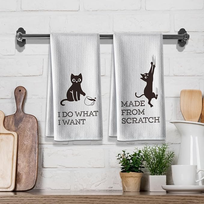 Cat Themed Funny Dish Towels, 16 x 24Inch, 2 Pack, Flour Sack, High Absorbent Tea Towels for Cat Lovers