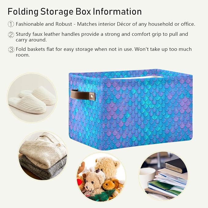 Blue Mermaid Scale Storage Baskets,Decorative Collapsible Rectangular Canvas Fabric Storage Bin for Home