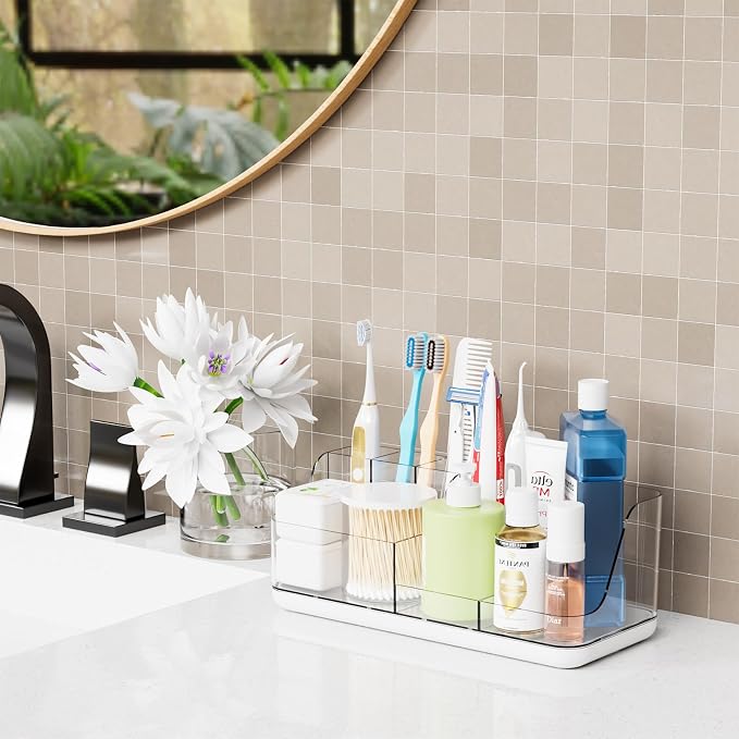 Mens Bathroom Organizer Countertop,Bathroom Sink Caddy Countertop Storage,White 7 Slot Vanity Bathroom Toiletry Organizers and Toothbrush Holders for Toothpaste,Electric Tooth Brush Organizer