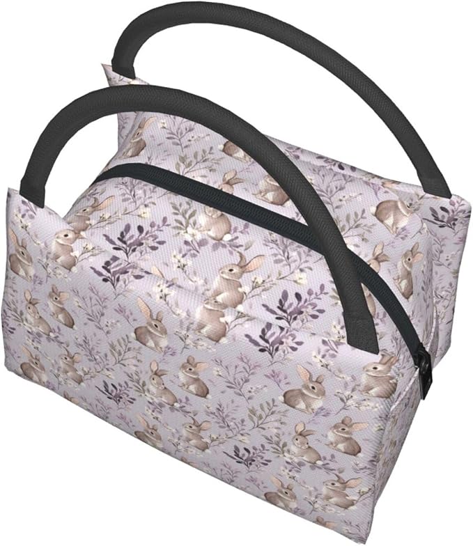 Cute Bunny Insulated Lunch Box for Girls Women,Reusable Tote Bag with Adorable Rabbit and Lavender Floral,Portable Lunchbox Handbag,Makeup Bags Organizer Gifts for Work Travel,11x6.3x6.7in