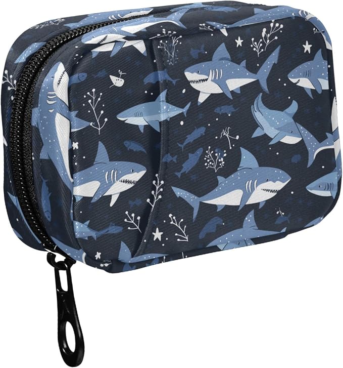 Fustylead Cute Cartoon Sharks and Marine Plants Travel Pill Organizer Case Zipper for Purse with Removable Weekly Pill Box for Medicine, Vitamin, Supplement Medicine Organizer