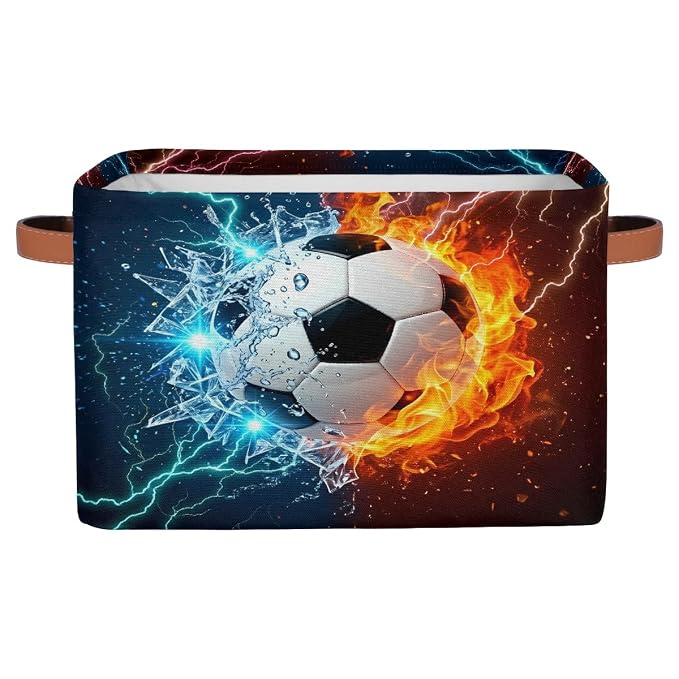 AUUXVA SEULIFE Football Soccer in Fire Water Foldable Storage Basket, Large Collapsible Organizer Storage Bin Cube Toys Storage Boxes with Handles for Bathroom Kids Nursery Closet Storage, 1 Pack