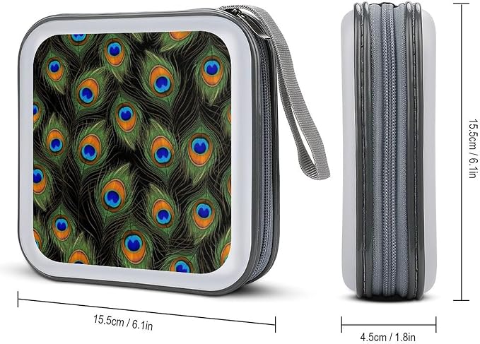 Hard Plastic Protective CD Case Peacock Feathers, 40-Disc Capacity Storage Binder with Zipper, Portable Organizer for Home Office