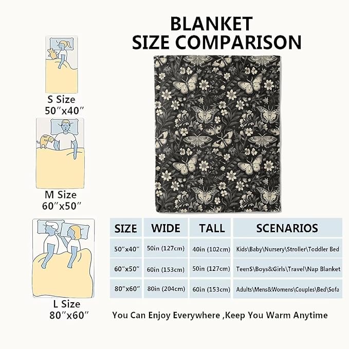 Vintage Moth Blanket Classic Black White Goth Floral Flower Throw Blankets Gifts for Men Women Lightweight Soft Fleece Cozy for Sofa Couch Bed Room Travel Birthday Party Decor 40x50in