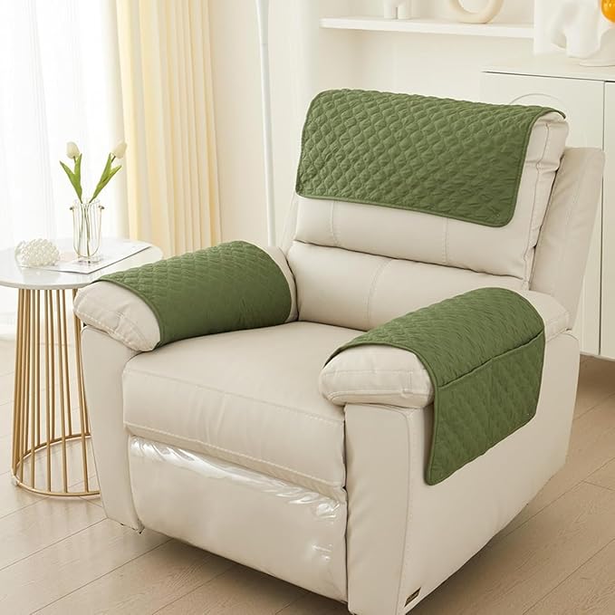 Recliner Arm Covers with Pockets & Headrest Protector- Non-Slip Quilted Stretch Armrest Covers, Washable Sofa Armchair Organizer for Couch, Pet Scratch Resistant(Green)