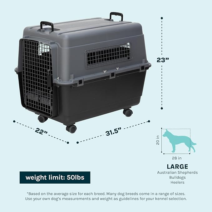 SportPet Airline Compliant LARGE 31.5" Travel Dog Kennel- Durable Plastic Airline Pet Carrier w/ Removable Wheels & Food Bowls, Collapsible Indoor/Outdoor Dog Kennel, Dogs up to 28"L & 20"H-Dark Gray