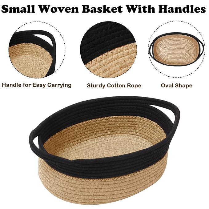 Woven Rope Basket,Baby Gift Basket with Bag & Ribbon, Black&Jute | Cotton rope with handle, 12x8x5 in, gift bag and ribbon, for baby shower, birthday, toy storage, nursery, shelf decor