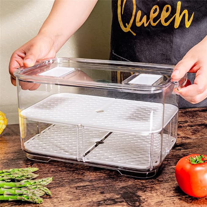 SANNO Fridge Produce Saver Storage Vegetable Fruit Containers Food Produce Saver Container Stackable Refrigerator Organizer Bins Fresh Keeper Drawers Organizer, Set of 4