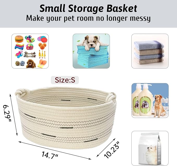 Fhiny Cotton Rope Dog Toy Basket with Handle Puppy Toys Storage Bin Small Woven Rectangle Diapers Pet Kitty Bed Perfect for Carry Pet Chew Toys Blankets Leashes Doggie Stuff - Beige S