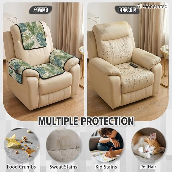 4 Piece Tropical Leaves Quilted Recliner Covers Washable Monstera | Recliner Slip Covers for Lazy Boy Recliners Non Slip Vintage Chair Covers with Arms for Living Room Decor, Stain Resistant