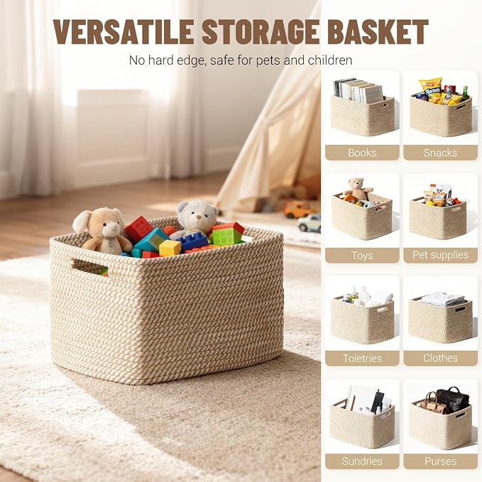 5 Pack Woven Storage Baskets, Decorative Storage Bins for Organizing | 13.8'' × 9.8'' × 7.9'', Cotton Rope Basket Organizer for Closet, Shelves, bathroom, Nursery, Toys, Books, Pantry, Khaki