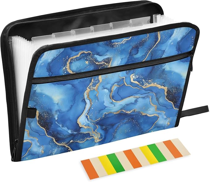 13 Pocket Zipper Expanding File Folder A4 Blue Marble | Accordion File Organizer with Front Pouch A4 Letter Size Portable Folders for Documents Receipt School Office Supplies