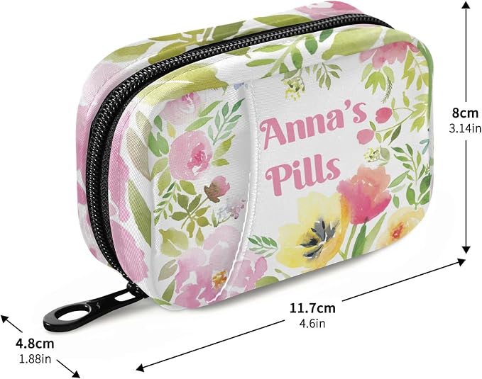 Custom Pill Box 7 Day Pill Case Bag Watercolor Floral Personalized Name Travel Pill Organizer Bag with Zipper Portable Weekly Case Compact Size for Vitamin Supplement Holder