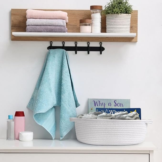 White Small Woven Basket, 13” x 9” x 5” Baskets for Gifts Empty Cotton Rope, Cute Nursery Baby Storage Organizer, Wicker Cat Toy Bin Box with Handles, Empty Gift Boo Basket