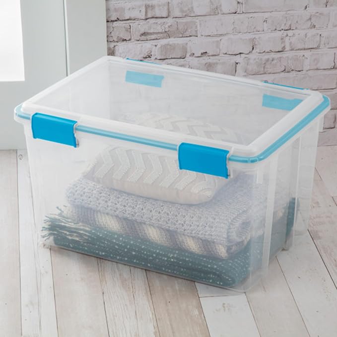 Sterilite Gasket Storage Box with Lids for Home & Office, 54 Quart, 12-Pack | Heavy-Duty, Stackable, and Organizing Containers for Bathroom, Cabinet, Closet, and Garage, Clear and Blue Aquarium Latches