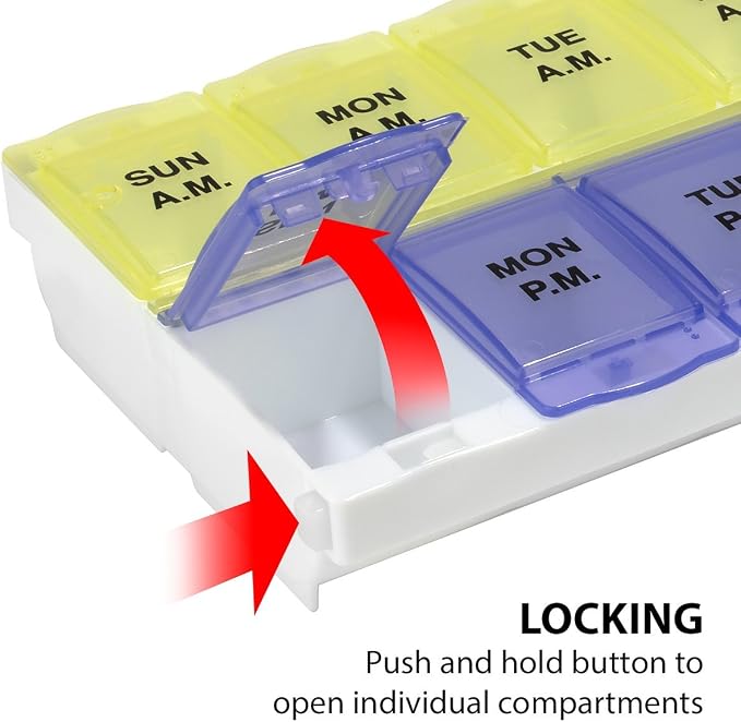 EZY DOSE (7-Day) AM/PM Pill Planner, Medicine Case, Vitamin Organizer Box, 2X-Large Locking Compartments to Secure Medication and Prevent Spilling, Color May Vary (Randomly Selected), BPA Free