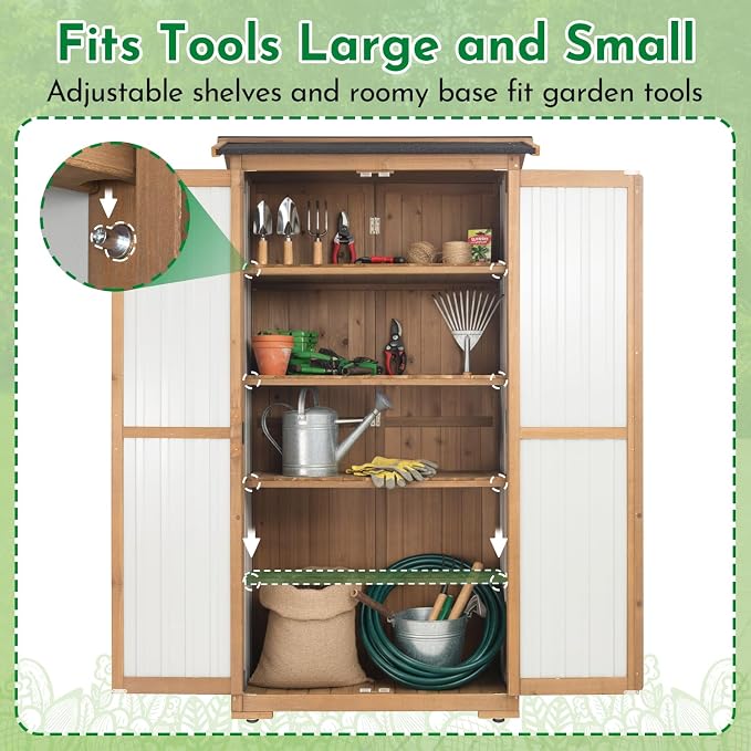 Ketive Outdoor Storage Cabinet, Wood & Metal Garden Cabinet with 3 Adjustable Shelf, Weather-Resistant Roof, Lockable Doors & Adjustable Feet for Patio, Garden, Farm (33" L x 21" W x 69" H)