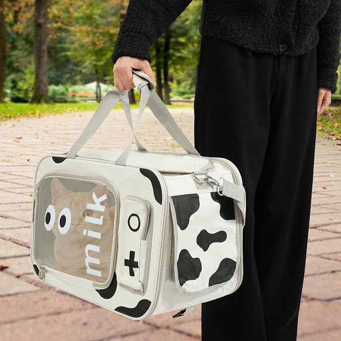 Pet Trolley Bag with Wheels & Retractable Handle, Cow Print Pet Carrier for Cats Small Dogs, Foldable Travel Carrier with Ventilation Windows, 22 Lb Capacity, Airline Approved Pet Bag