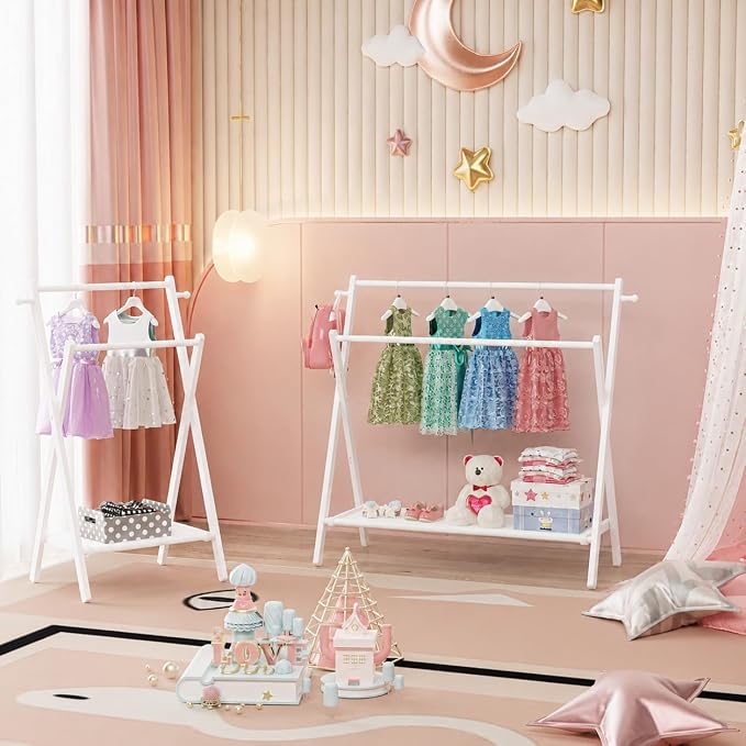 BAMBOOHOMIE Kids Clothing Rack, Small Clothes Organizer Rack, Kids Dress Up Rack with Storage Shelf & Double Rods, Bamboo Child Garment Rack for Playroom Toddler's Bedroom (Large Size - White)
