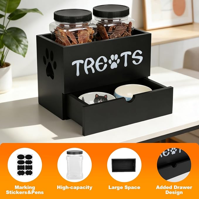Dog Treat Jar for Countertop, 9.8 * 5.1 * 6'' 2 Layer Dog Treat Container with Drawer 2Jars and Sticker Wooden Pet Food Organizer Storage Basket For Pets Great Gift for Pets' Owners (Black)