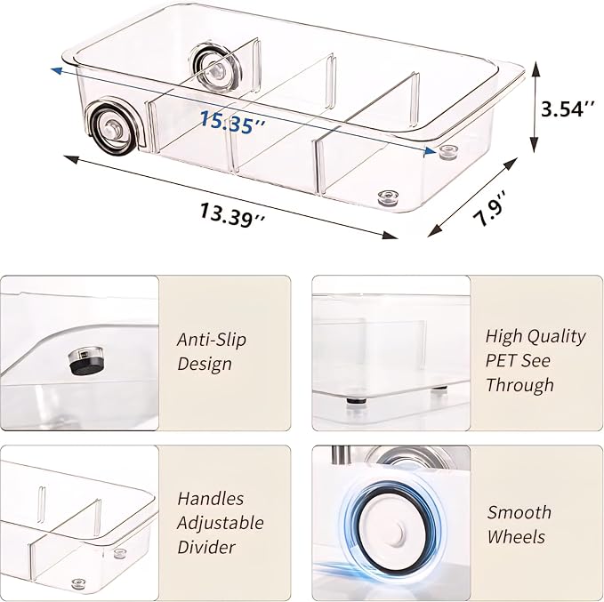 Rolling Clear Storage Box with Wheels (1 Piece) – Transparent Organizer Drawer for Kitchen, Bathroom, Pantry or Under Fridge – Adjustable Divider, Anti-Slip Base, Durable PET Plastic
