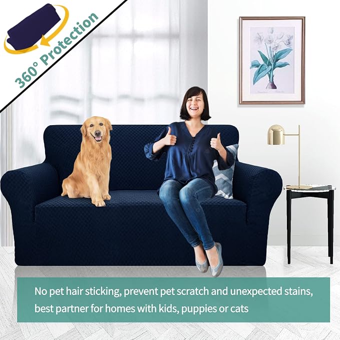 YEMYHOM Couch Cover Latest Jacquard Design High Stretch Sofa Covers for 2 Cushion Couch, Pet Dog Cat Proof Loveseat Slipcover Non Slip Magic Elastic Furniture Protector (Loveseat, Navy)