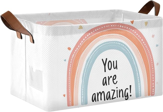 You Are Amazing Quoted Rainbow Positive Baby Storage Basket with Labels&Handles Rectangular Nursery Storage Bins Collapsible Shelf Organizer Baskets for Kids Books Cloth Gift Basket Toys Laundry