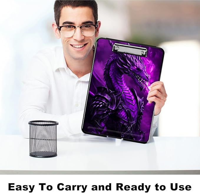 Purple Flaming Dragon A4 Clipboard with Storage Pen Holder, Clipboards Organizer Nursing Clipboard Foldable File Folder Plastic Clipboard Folio Clip Board for Office Students Classroom