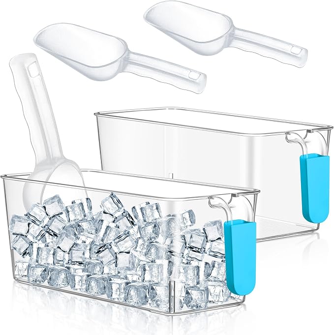 Havawish Ice Storage Bin and Flexible Scoop Set Plastic Freezer Bin | Freezer Ice Bin Scoop, Clear Bucket Container, Pull Handle, Flexible Storage, 10.83 X 4.92 X 4.33 in