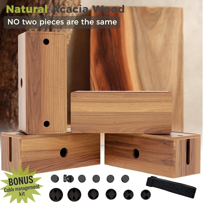 Large Cable Management Box Acacia Wood Cord Organizer Power Strip & Cables | Acacia Wood Cable Hider; Large Electrical Cord Storage; Hide TV Wires & Power Strips; Rustic Style; Home Office & Living Room