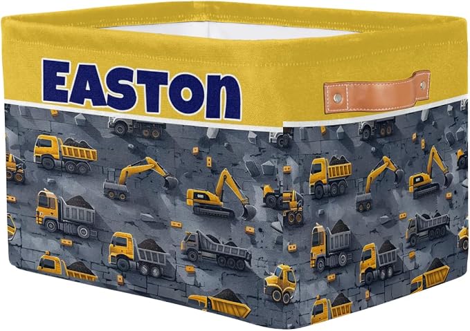 Custom Storage Baskets Name, Personalized Storage Bins Basket Boxes PU Leather Handles for Clothes Bedroom Closet Organizing Toys Books Shelves, Excavator Truck