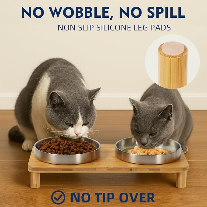 DoogCat Raised Cat Bowls, Bamboo Stand with 2 Stainless Steel Bowls | Adjustable Height, Whisker-Friendly Design, Food & Water Set, Stable Construction, Easy to Clean