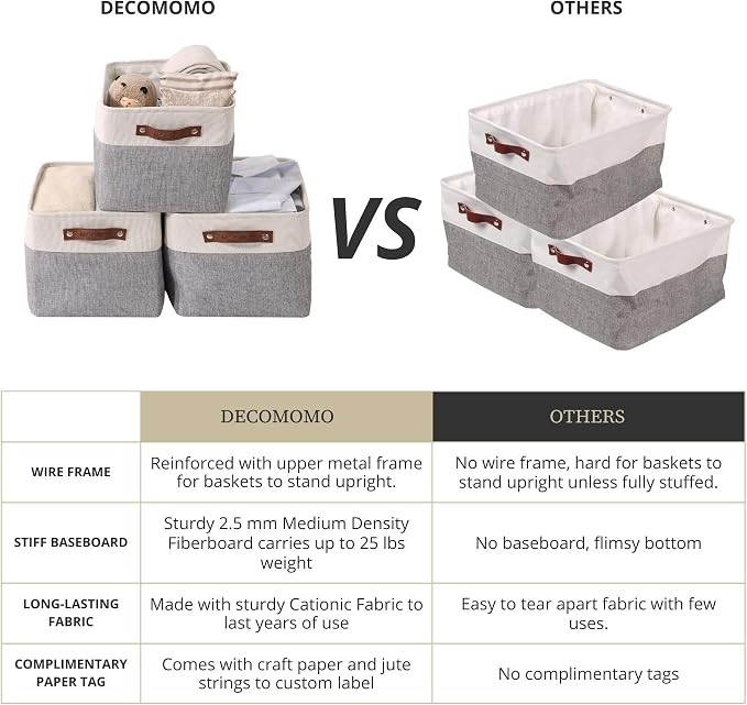 DECOMOMO Storage Bins, Large Fabric Storage Baskets for Shelves 3 Pack | 15 x 11 x 9.5 inches Decorative Linen Closet Organizers (Grey & White)